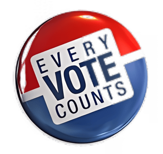Red, white, blue button: "Every Vote Counts.