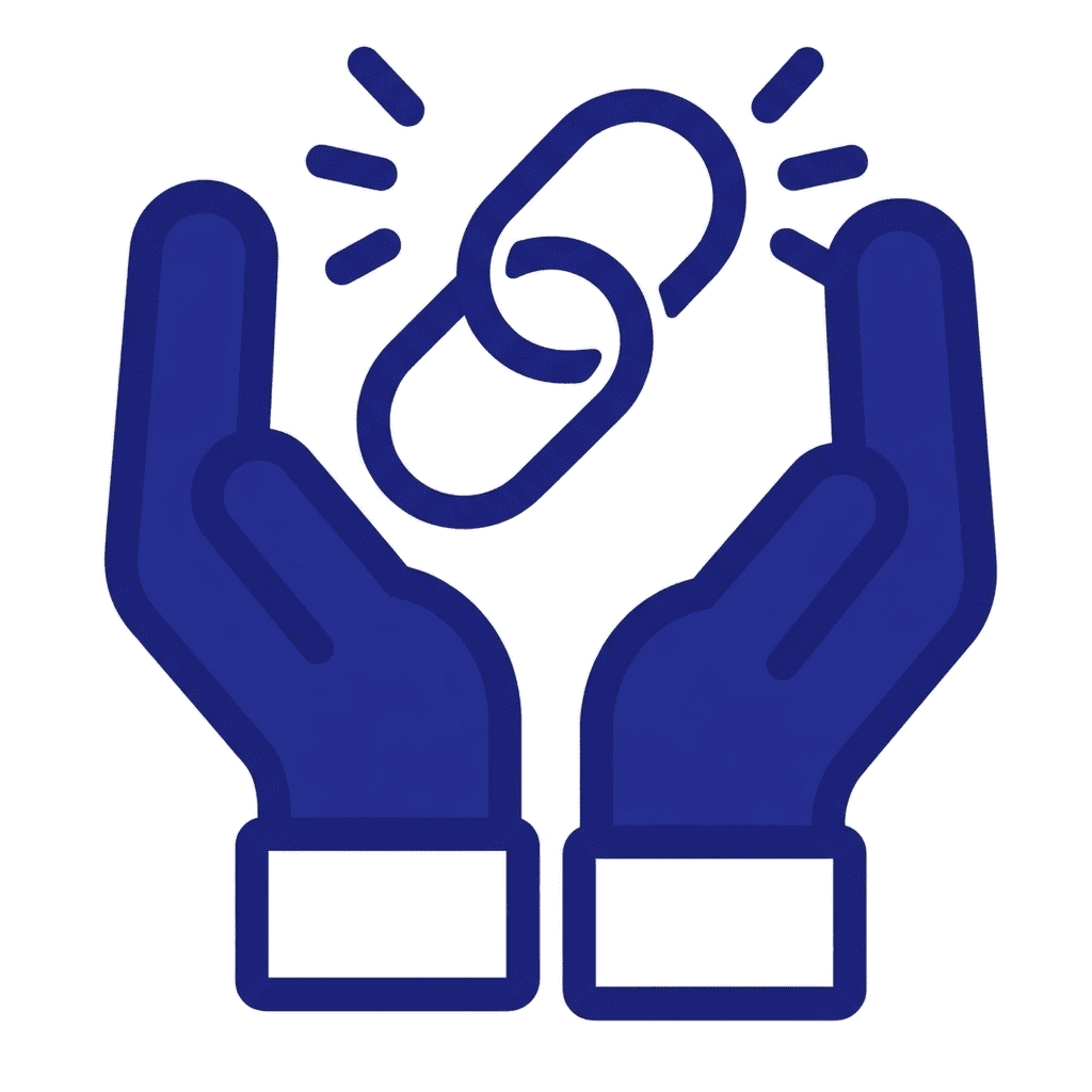 Hands holding a chain link icon.