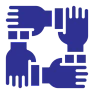 Four interlocking blue hands on black background.