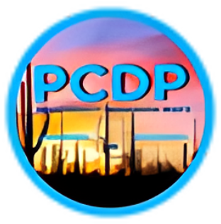 PCDP text with desert sunset background.