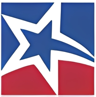 Red, white, and blue star logo design.